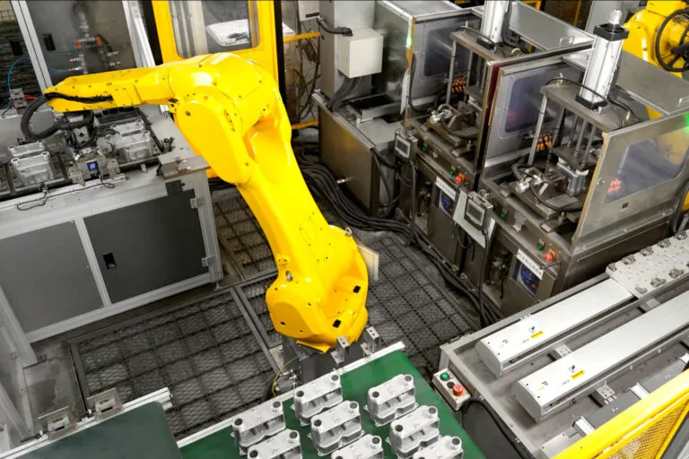 Fanuc robotic arm integrated into the CNC machining line for continuous, high-volume production of precision aluminum parts.