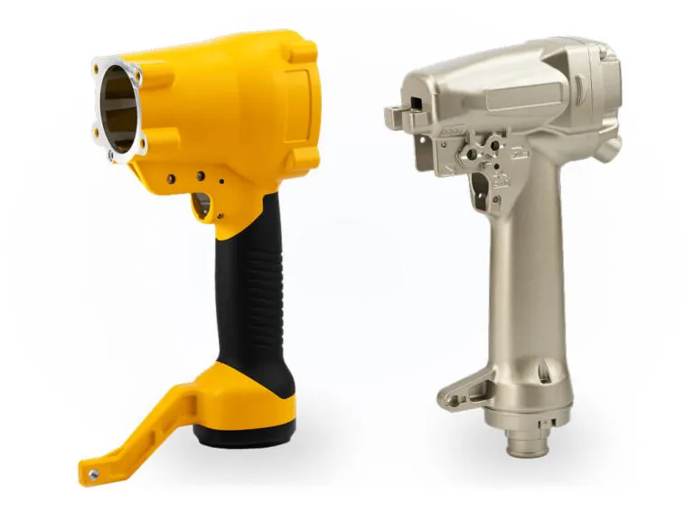 Comparison of a raw aluminum die cast pneumatic tool body and a finished yellow powder-coated housing featuring integrated ergonomic TPR insert molding.