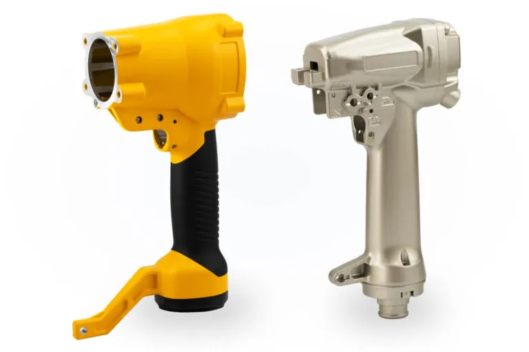 Comparison of a raw aluminum die cast pneumatic tool body and a finished yellow powder-coated housing featuring integrated ergonomic TPR insert molding.