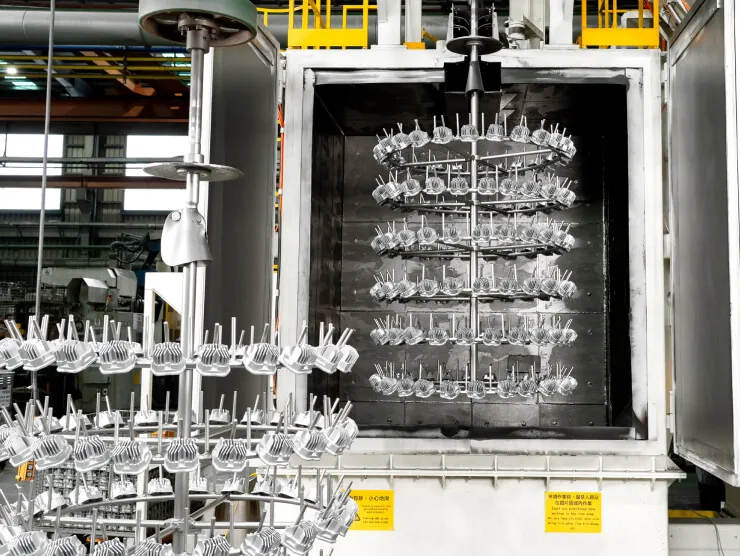 Automated shot blasting system at JoinCast’s Taiwan facility providing uniform surface texturing and scale removal for mass-produced aluminum components