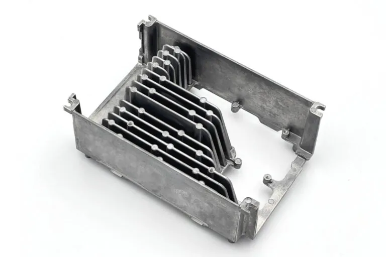 Detailed view of a raw ADC-12 aluminum die-cast controller enclosure with integrated cooling fins designed for power electronics and industrial motor controllers.