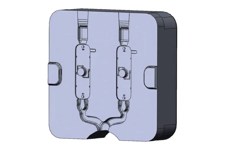 Professional 3D CAD design of a dual-cavity die casting mold, illustrating optimized runner systems and gate placement for uniform metal flow.