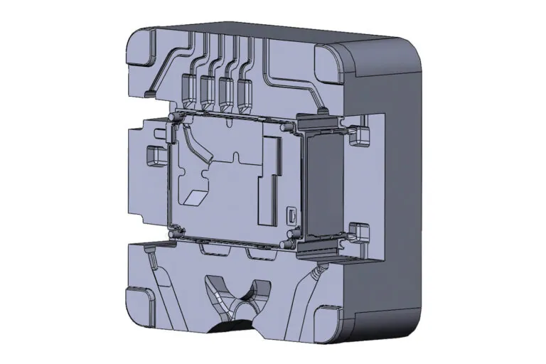 Comprehensive 3D assembly of a complex die cast mold, showcasing precision-engineered ejector pin locations and parting line optimization.